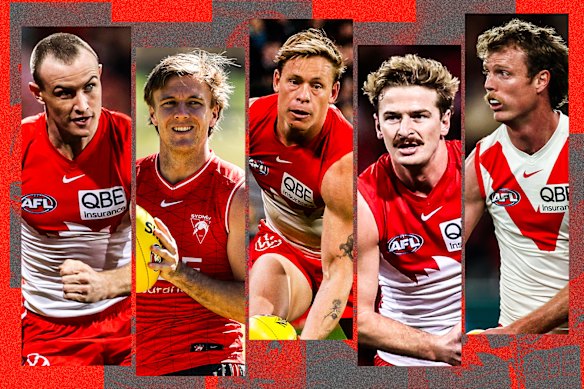 Swans players (from left) Chad Warner, James Jordon, Isaac Heeney, Riley Bice and Nick Blakey have been suspended for the rest of the season.