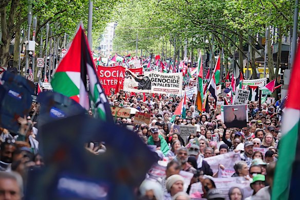 Thousands march down Swanston Street on October 12, 2025, in support of Palestinian rights.