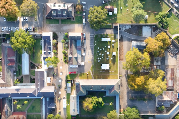 A drone view of the Parramatta Female Factory precinct from above.