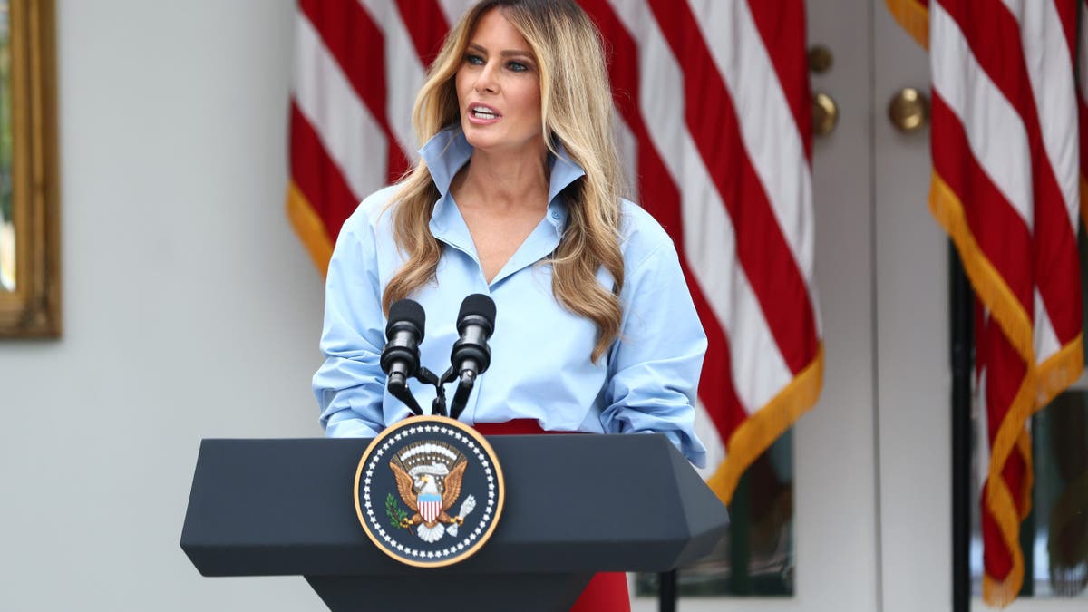 WASHINGTON, DC - AUGUST 20: First lady Melania Trump speaks during an event announcing the expansion of a foster care initiative in the Rose Garden of the White House on August 20, 2026 in Washington, DC. The event focused on the first lady's 
