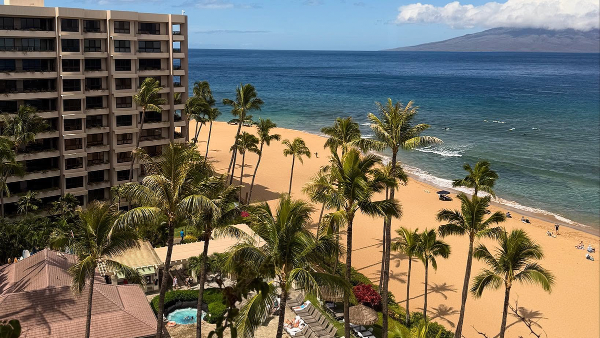 Aerial view of the Kaanapali Alii resort and Kaanapali Beach in Lahaina, Hawaii