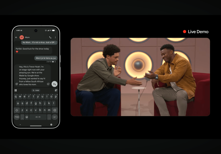 Two men demonstrate a voice capture technology while seated. A live display of the phone they're using appears on the left side of the screen.