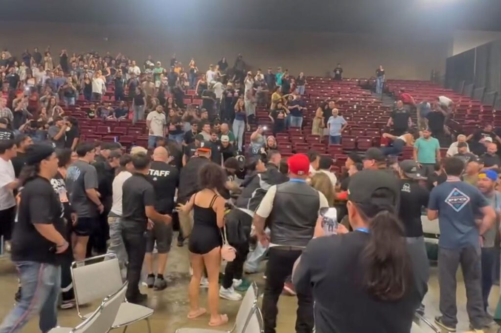 Moment mass brawl involving more than 100 people breaks out in California convention center
