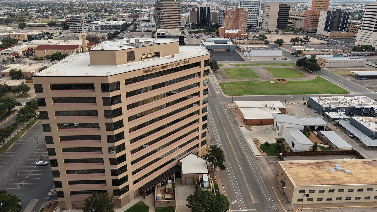 Aerial view of the Midland County Courthouse and surrounding downtown Midland, Texas