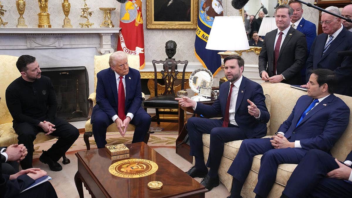 Vice President JD Vance speaks during a meeting with President Trump, Ukrainian President Zelensky and Secretary of State Rubio in the Oval Office.