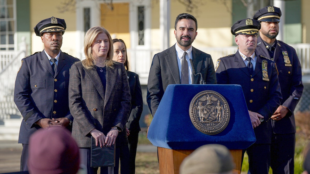 New York City Mayor Zohran Mamdani delivers remarks from a podium.