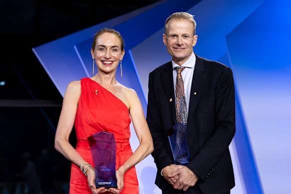 Professor Georgina Long and Professor Richard Scolyer at a ceremony in Canberra where they were named joint Australians of the Year in 2024.