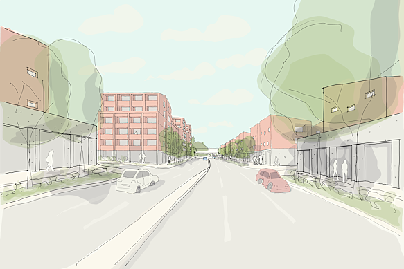 A concept image of plans to build 340 homes on a former WestConnex dive site in Haberfield.