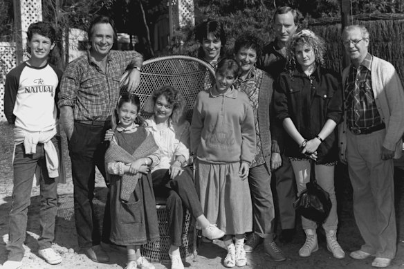 The 1987 cast of Home and Away from left: Adam Willits as Steven, Roger Oakley as Tom Fletcher, Kate Ritchie as Sally, Vanessa Downing as Pippa Fletcher, Alex Papps as Frank, Helena Bozich as Lynn, Sheila Kennelly as Floss, Ray Meagher as Alf, Sharyn Hodgson as Carly, Frank Lloyd as Neville.