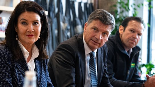 Deputy opposition leader Jane Hume, left, Opposition Leader Angus Taylor, centre, and Nationals leader Matt Canavan at a press conference in Melbourne earlier this week.