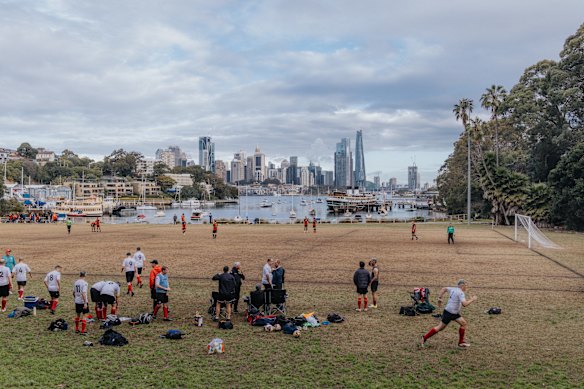 Soccer at Waverton Park – with a harbour view. 