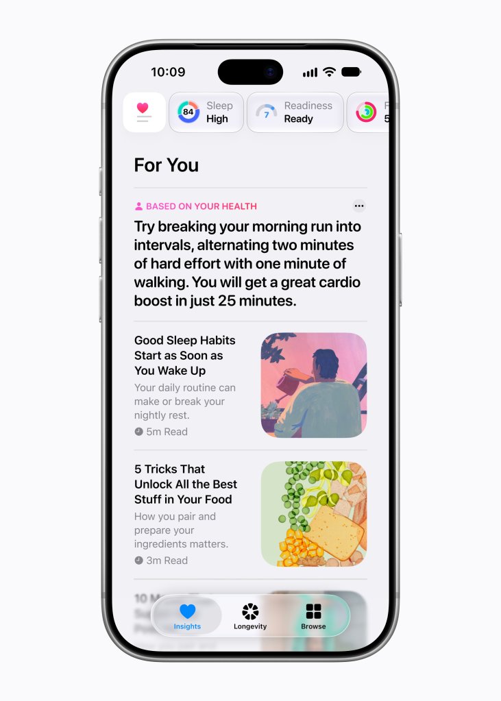The For You tab under Apple's Health app's Insights tab on an iPhone.