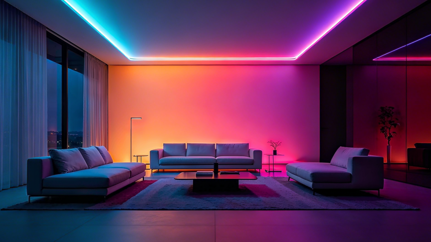 An Aqara light strip glows over a dark bedroom.