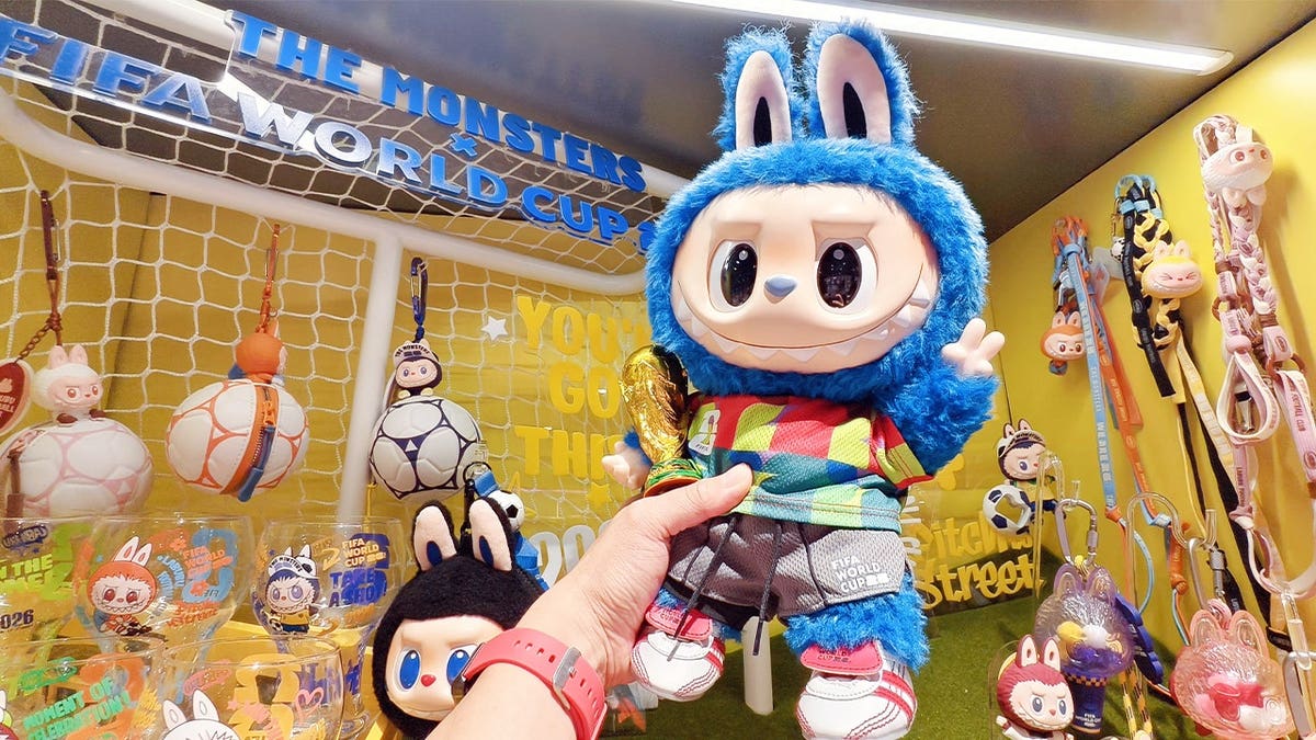 Labubu x World Cup co-branded Designer Toys authorized by FIFA for the first time in the Pop Mart store in Shanghai, China on July 13, 2026.