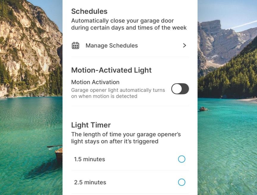 MyQ app showing garage light controls.