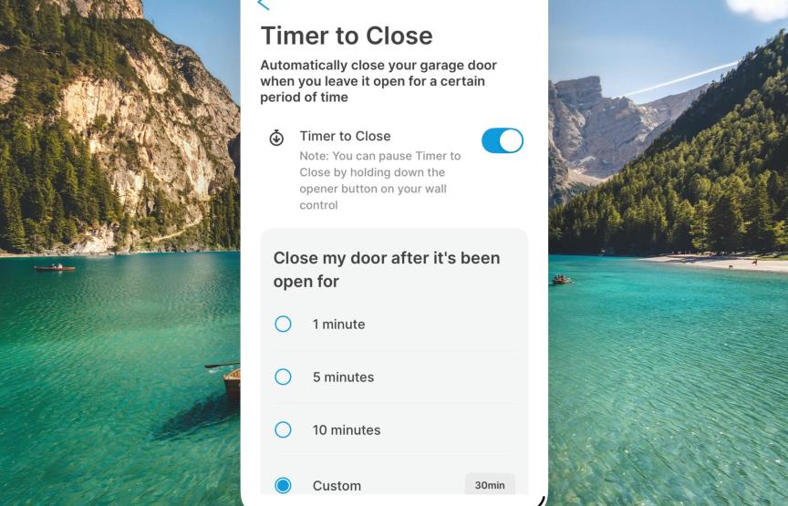 MyQ app showing garage timer settings.
