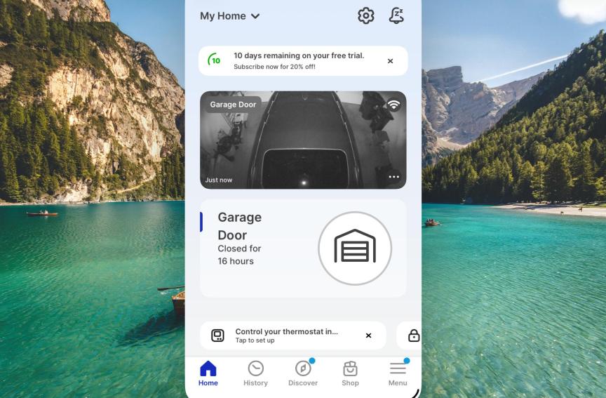MyQ app showing home page for a smart garage.