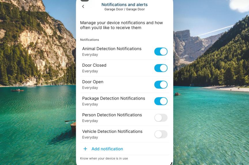 MyQ app showing camera notification options.