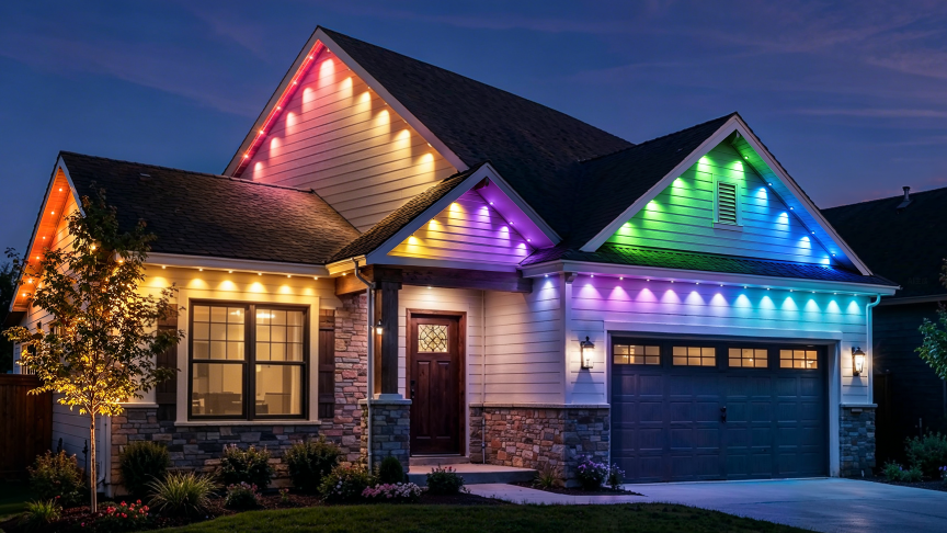 Aqara's outdoor lights in different colors on a house.