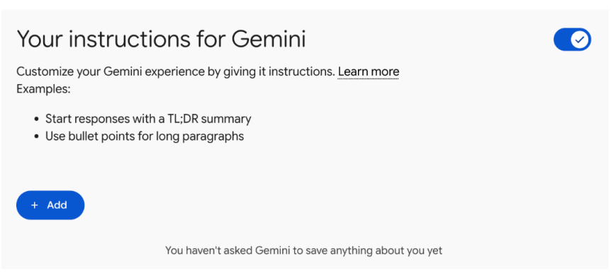A screenshot showing how you can personalize several options of how Gemini responds to you