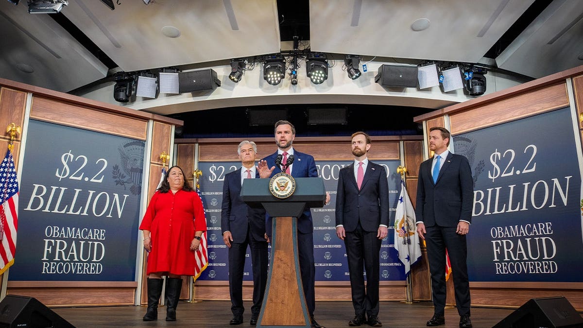 Vice President J.D. Vance (C), accompanied by (L-R) Centers for Medicare & Medicaid Services Deputy Administrator & Chief Operating Officer Kimberly Brandt, Administrator for the Centers for Medicare & Medicaid Services Dr. Mehmet Oz, Federal Trade Commission (FTC) Chair Andrew Ferguson, and Health and Human Services (HHS) Deputy Secretary nominee Chris Klomp, speaks during a news conference on fraud at the Eisenhower Executive Office Building on the White House Campus on September 22, 2026 in Washington, DC. Vance announced a federal crackdown on Affordable Care Act fraud, removing over 750,000 allegedly ineligible enrollments and banning hundreds of suspect brokers to save taxpayers an estimated $2.2 billion.