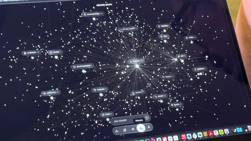 A laptop screen showing lines connecting points with words next to them