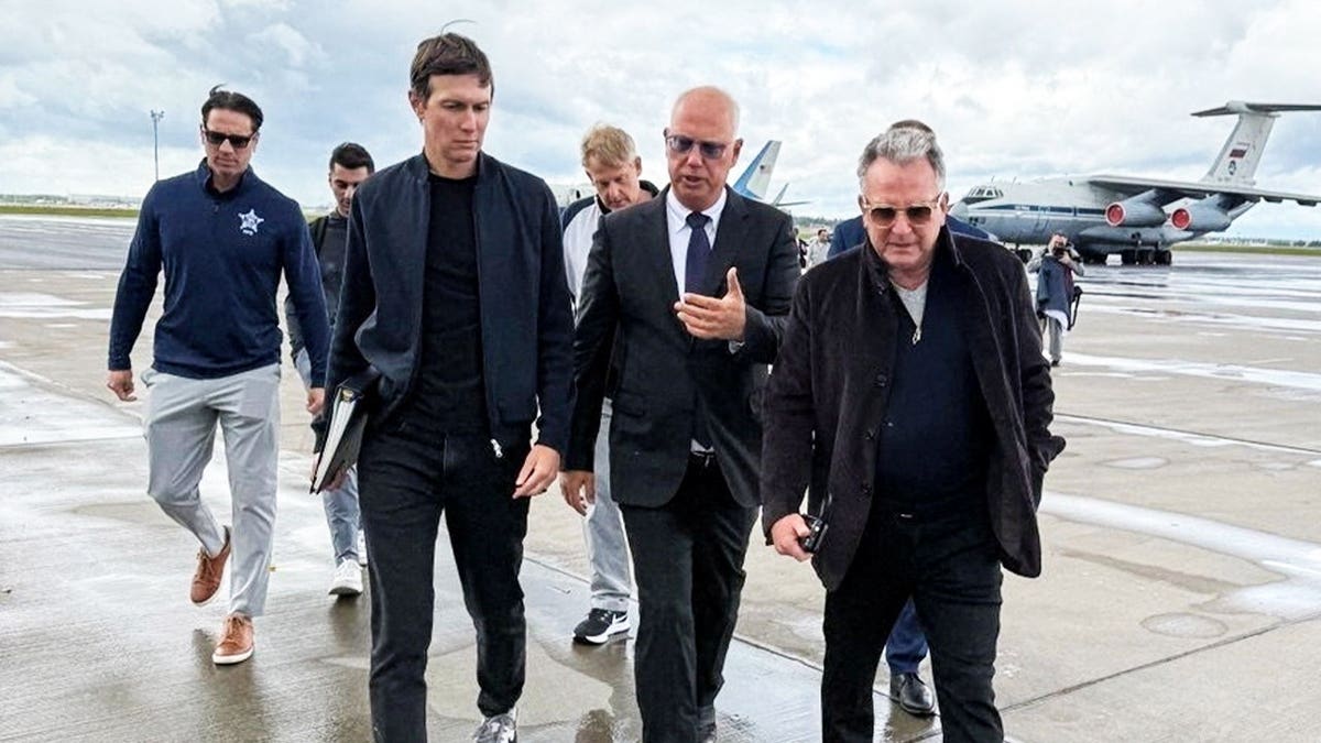 Russian presidential envoy Kirill Dmitriev walks with U.S. special representatives Jared Kushner and Steve Witkoff upon their arrival at Vnukovo International Airport in Moscow, Russia, September 5, 2026.