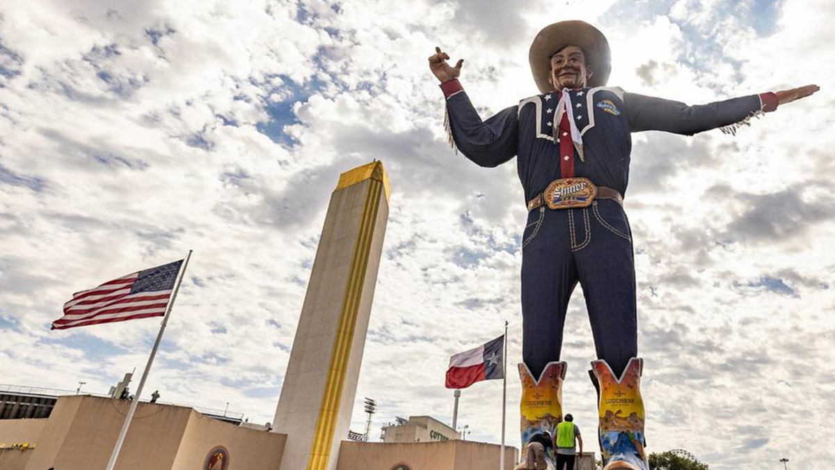 The iconic Big Tex statue is installed prior to the State Fair of Texas at Fair Park in Dallas.