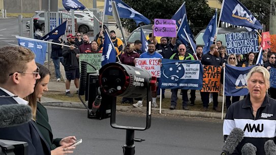 Australian Workers Union Secretary Stacey Schinnerl at Brisbane Youth Detention Centre, where hundreds of staff have walked off the job for 24-hours over a pay dispute and safety concerns.