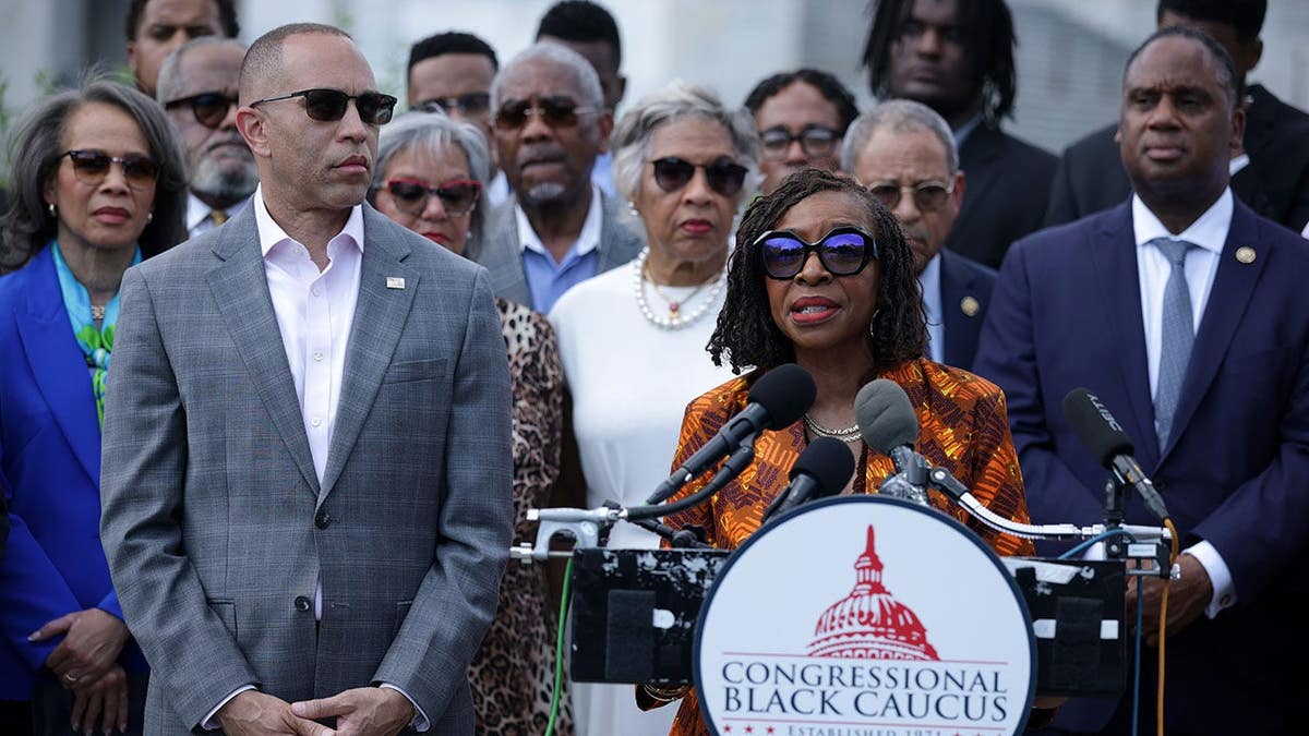 House Minority Leader Hakeem Jeffries and Congressional Black Caucus Chairperson Yvette Clarke at a news conference.