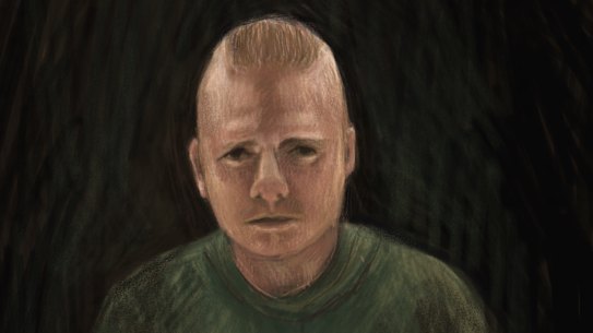 A sketch of Joshua Dale Brown, who appeared in court on a video link from Barwon Prison’s Banksia Unit.