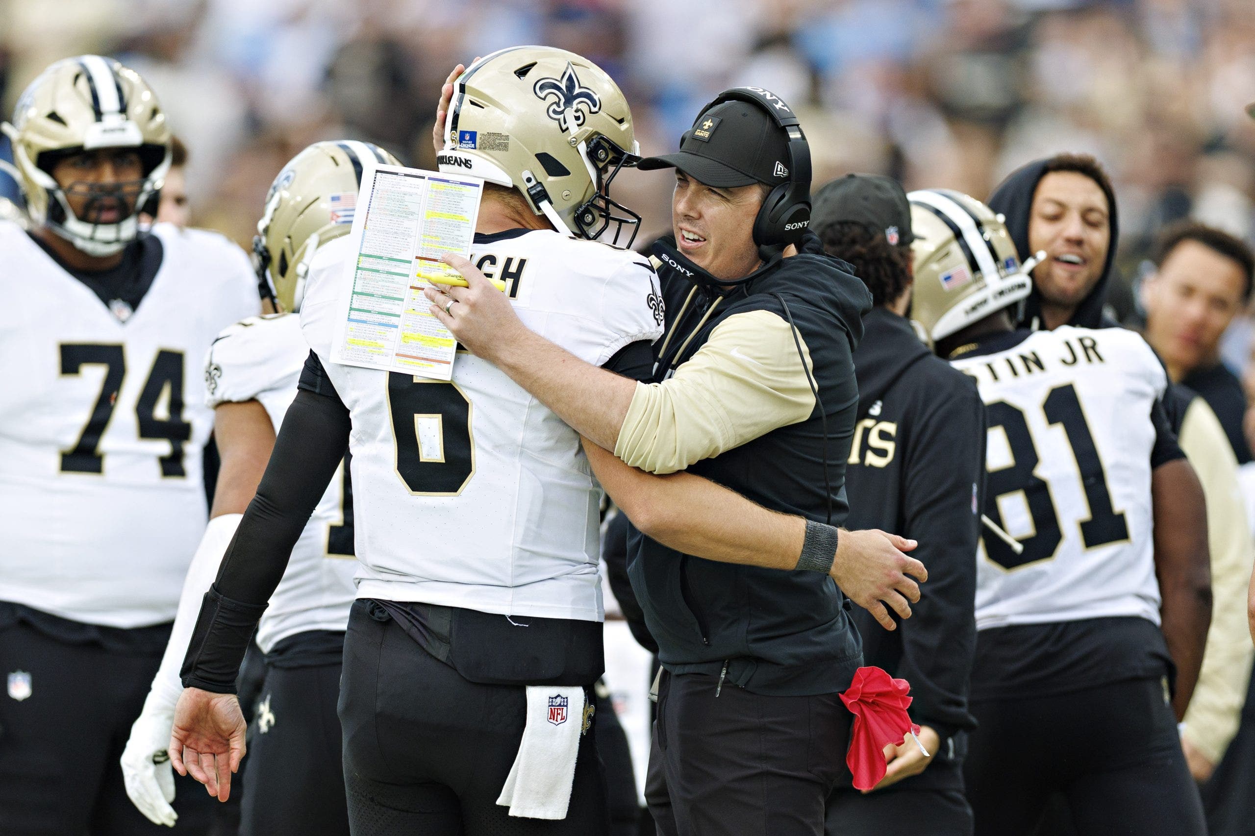 Tyler Shough enters his second season working with Saints head coach Kellen Moore (right). (Photo by Wesley Hitt/Getty Images)