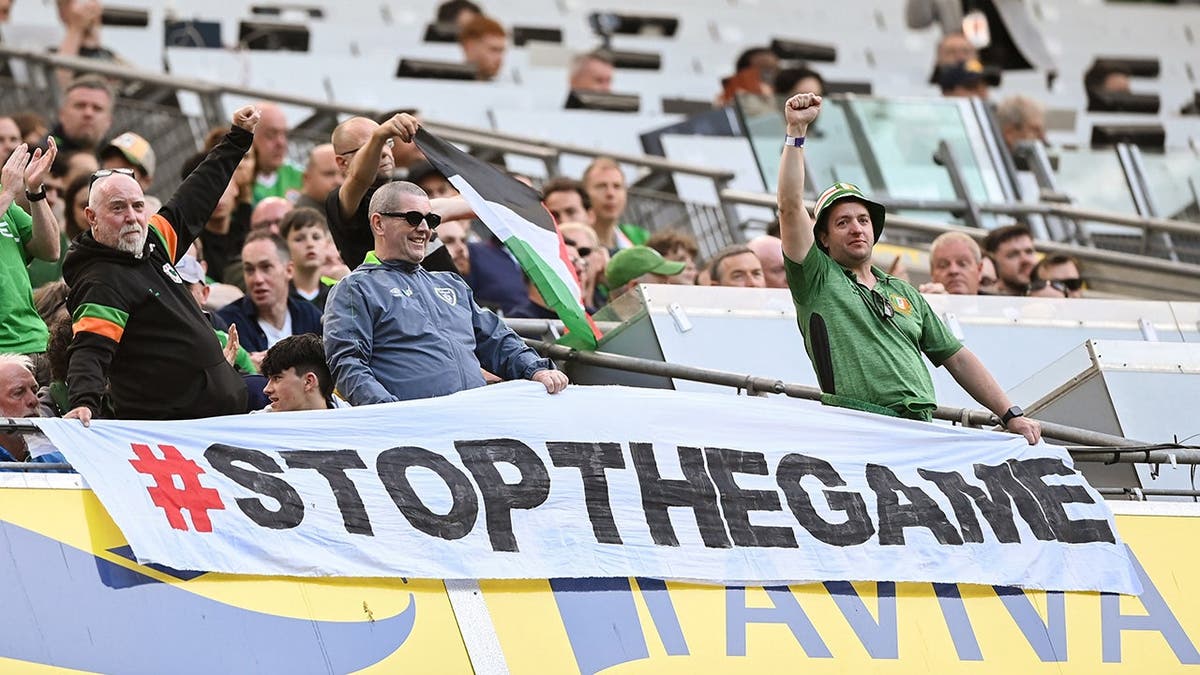 Supporters protesting during international friendly soccer match at Aviva Stadium in Dublin