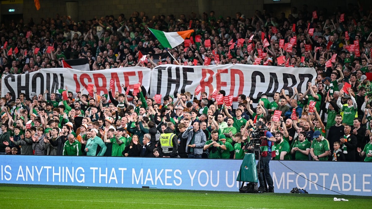 Dublin , Ireland - 6 September 2025; Republic of Ireland supporters make their feelings know as they protest against Israel before the FIFA World Cup 2026 Group F qualifying match between Republic of Ireland and Hungary at the Aviva Stadium in Dublin.